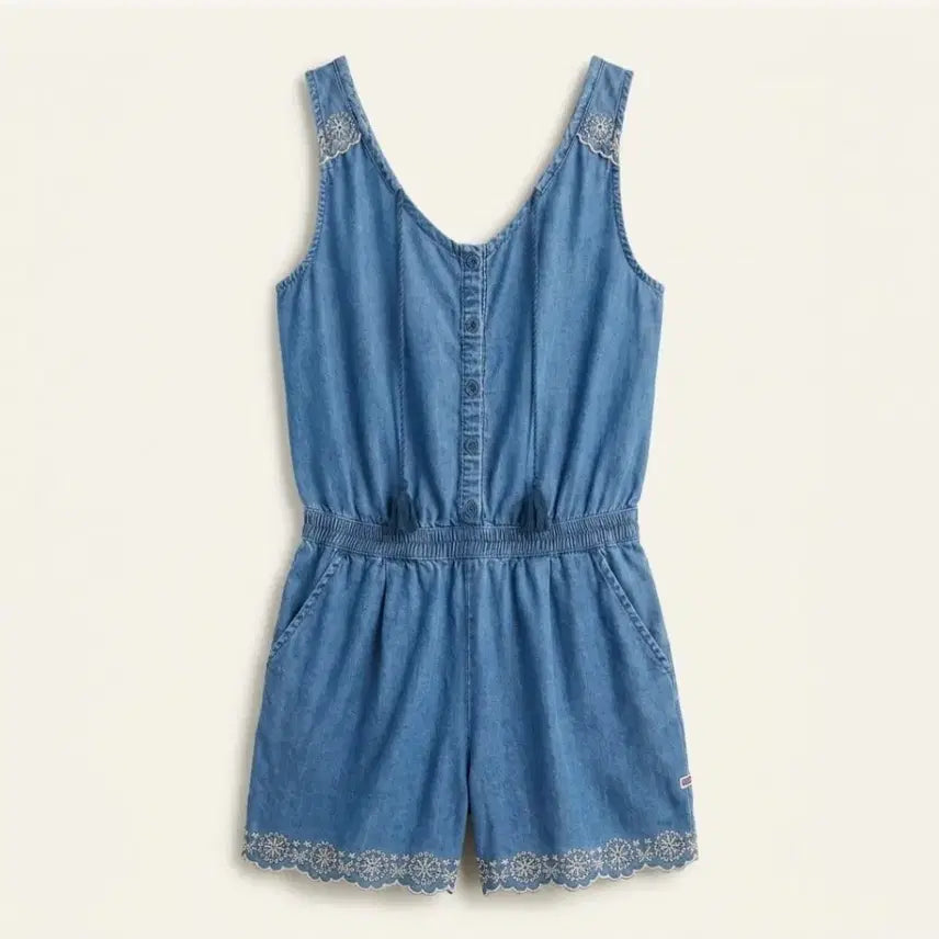[BUNJANG] Thursday Island Rayon Denim Embroidered Jumpsuit / 써스데이아일랜드 얇은 데님 자수 점프수트  휴가룩