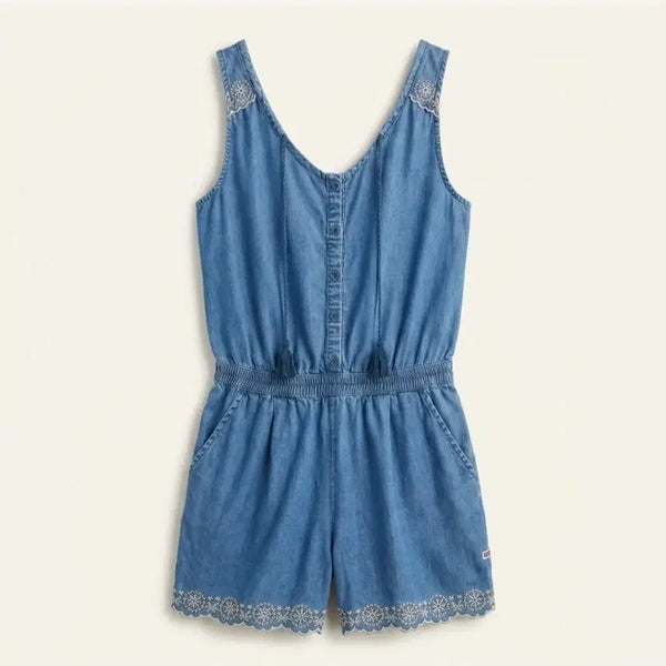 [BUNJANG] Thursday Island Rayon Denim Embroidered Jumpsuit / 써스데이아일랜드 얇은 데님 자수 점프수트  휴가룩