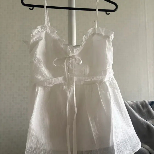 [BUNJANG] Lace Ribbon Frill Sleeveless Top / 레이스 리본 프릴 나시 슬리브리스 민소매