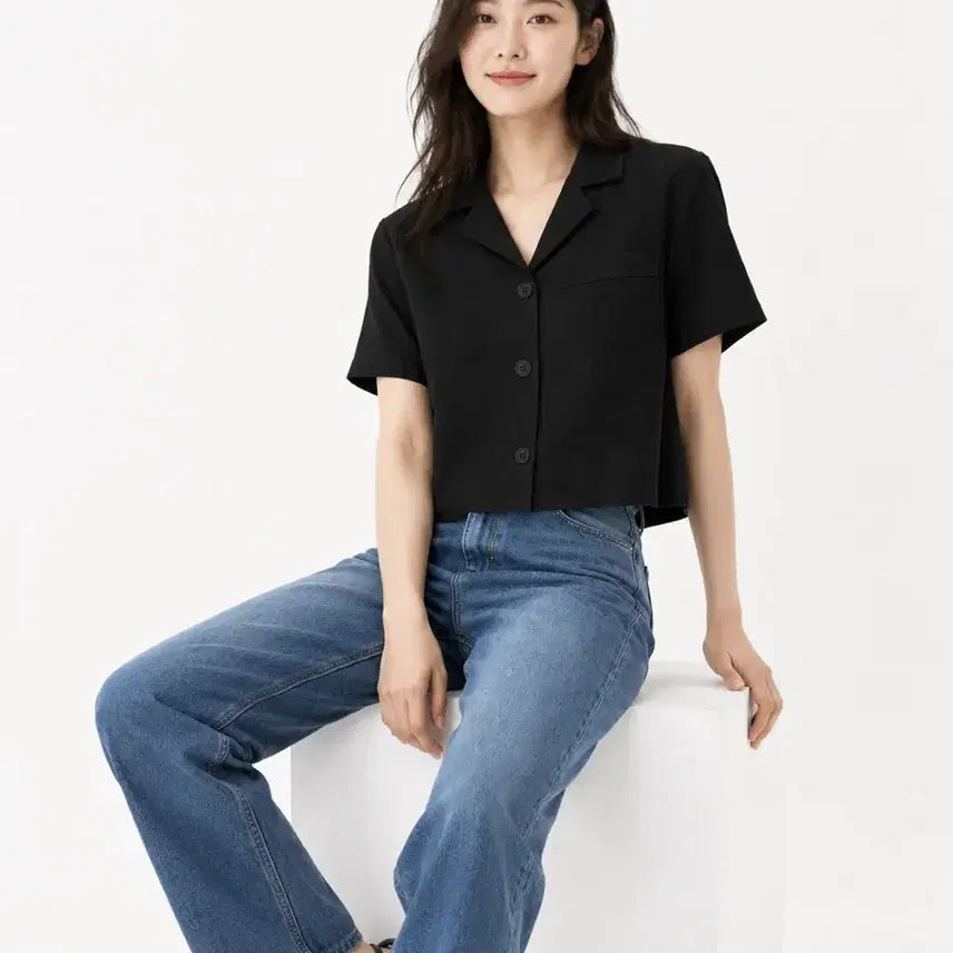 [BUNJANG] Cholit Linen Black Slim Short-Sleeve Shirt Jacket / [새 제품] 콜릿 린넨 블랙 슬림 반팔 셔츠 자켓
