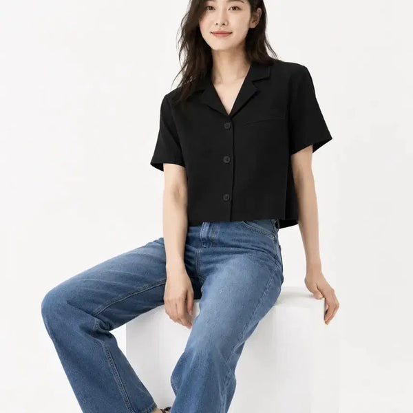 [BUNJANG] Cholit Linen Black Slim Short-Sleeve Shirt Jacket / [새 제품] 콜릿 린넨 블랙 슬림 반팔 셔츠 자켓