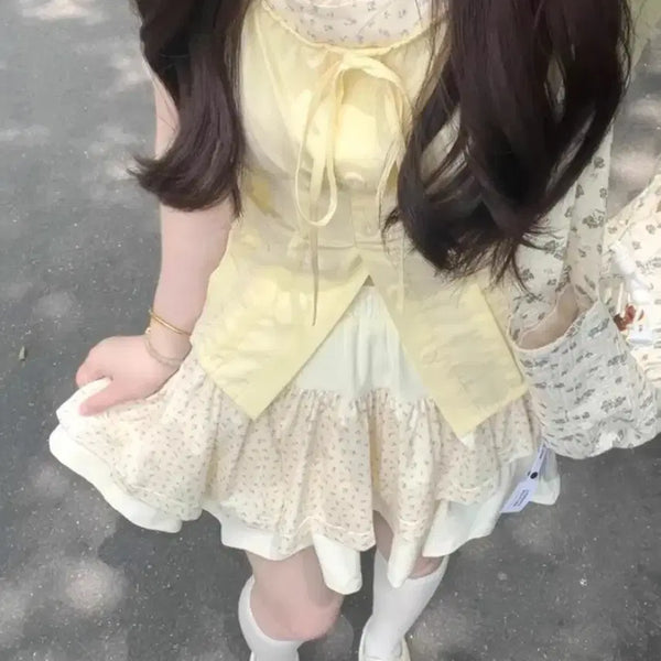 [BUNJANG] Yellow Blouse and Ruffle Skirt Set / 반팔 노랑 블라우스 캉캉치마 세트 투피스 에이블리