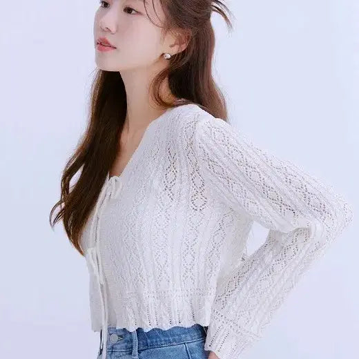 [BUNJANG] Roem Ribbon Long Sleeve Cardigan S / 로엠 리본 긴팔 가디건 S _RMCKE37R16