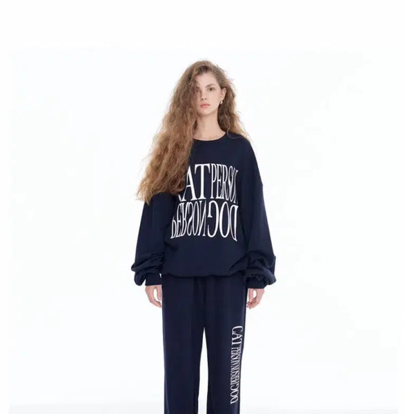 [BUNJANG] ITZAVIBE Cat Person Lettering Jogger Pants Set Navy / [ITZAVIBE] 캣펄슨레터링 조거팬츠세트(네이비)
