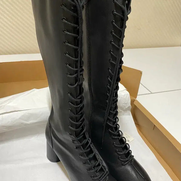 [BUNJANG] ZARA Women's Genuine Leather Lace-up Long Boots / 새상품 미사용 자라 ZARA 소가죽 레이스업 롱부츠