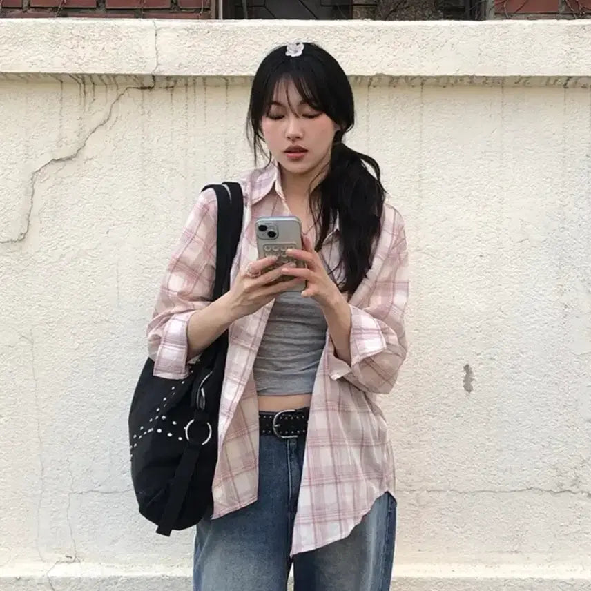 [BUNJANG] A-bly Pink Vintage Check Shirt / 에이블리 핑크 빈티지 체크셔츠
