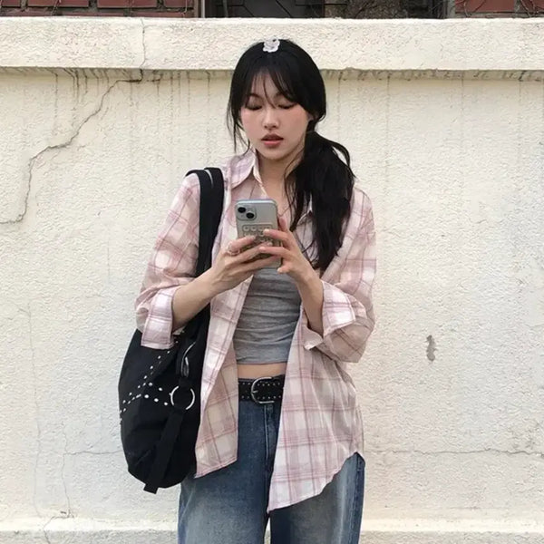 [BUNJANG] A-bly Pink Vintage Check Shirt / 에이블리 핑크 빈티지 체크셔츠