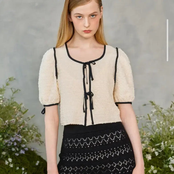 [BUNJANG] Vital Sign Wrinkle Ribbon Puff Blouse / 바이탈싸인 링클 리본 퍼프 블라우스