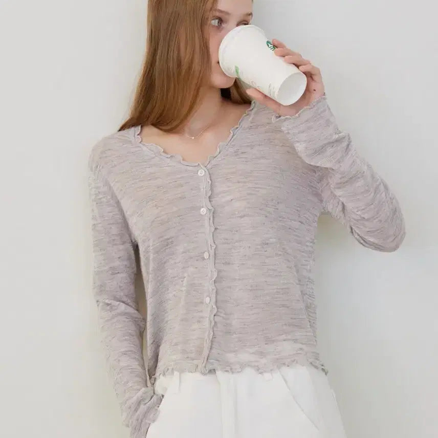 [BUNJANG] Bring My Things Moisture See-through Frill Cardigan (Gray) / 브링마이띵즈 모이스처 시스루 프릴 가디건(그레이)