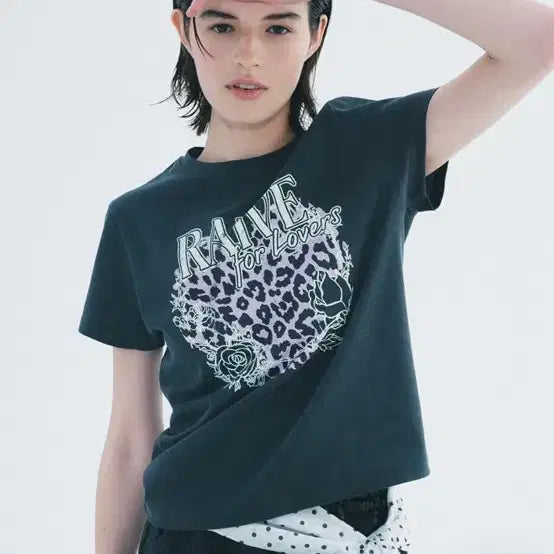 [BUNJANG] RAIVE Leopard Rose Short Sleeve T-shirt Dark Grey / RAIVE 레오파드 로즈 반팔 티셔츠 다크그레이 1,2