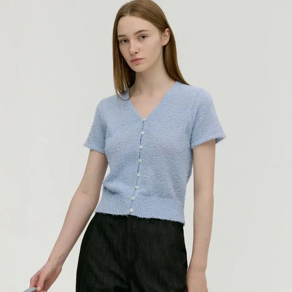 [BUNJANG] Mongdol Tail V-Neck Short Sleeve Knit Cardigan (Sky Blue, S) / 몽돌 테일 브이넥 반팔 니트 가디건(스카이블루 S)
