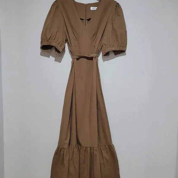 [BUNJANG] Puff Sleeve Wrap Maxi Dress - Brown / 퍼프 소매 랩 맥시 롱원피스 브라운