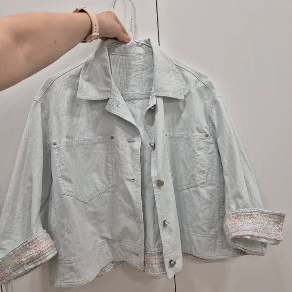[BUNJANG] Pastel Tweed Color-Block Denim Jacket / 파스텔톤 트위드 배색 데님 자켓