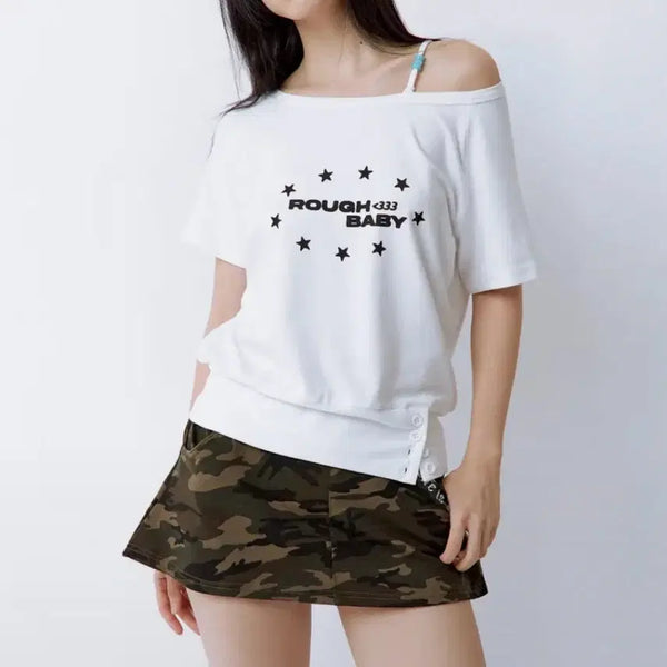 [BUNJANG] Off-the-Shoulder Rough Neck T-Shirt White S / 러프넥 오프숄더 탑 티셔프 화이트 s