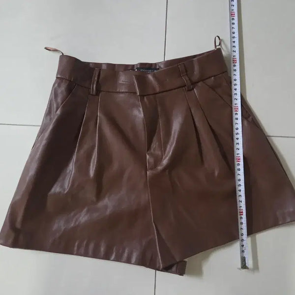 [BUNJANG] ZARA Faux Leather Pintuck Belt Loop Shorts Brown / 자라 인조 가죽 숏 팬츠 브라운