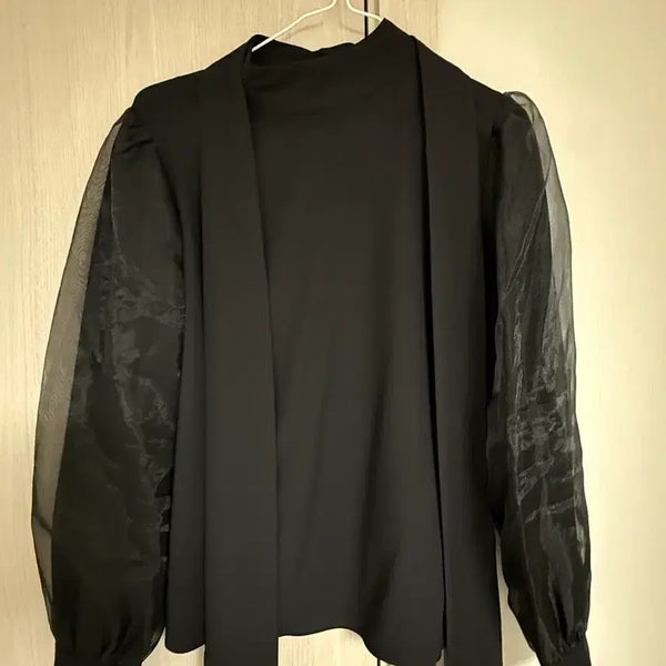 [BUNJANG] Black Tie Blouse with Pearl Detail / 블랙 타이 블라우스
