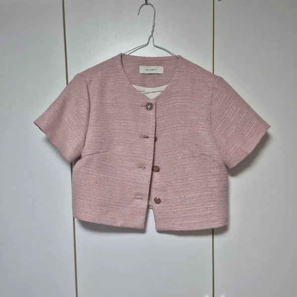 [BUNJANG] JJ JIGOTT Pink Tweed Cropped Jacket / JJ지고트 반팔 트위드 크롭 자켓 핑크