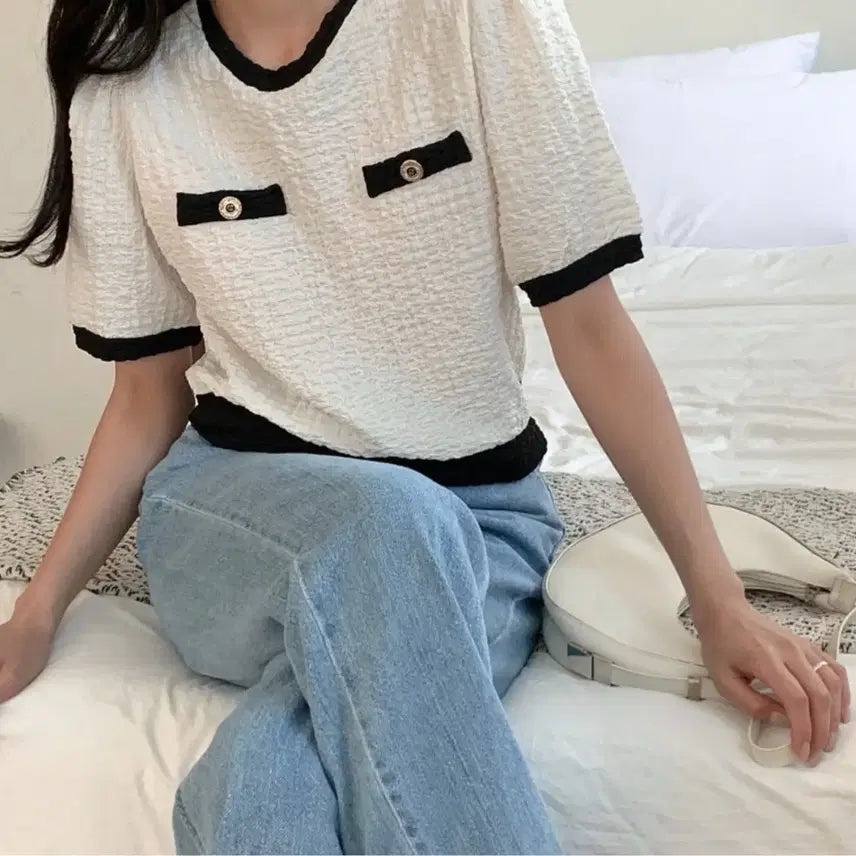[BUNJANG] Color Block Blouse / 아이보리or핑크or블랙 배색 블라우스