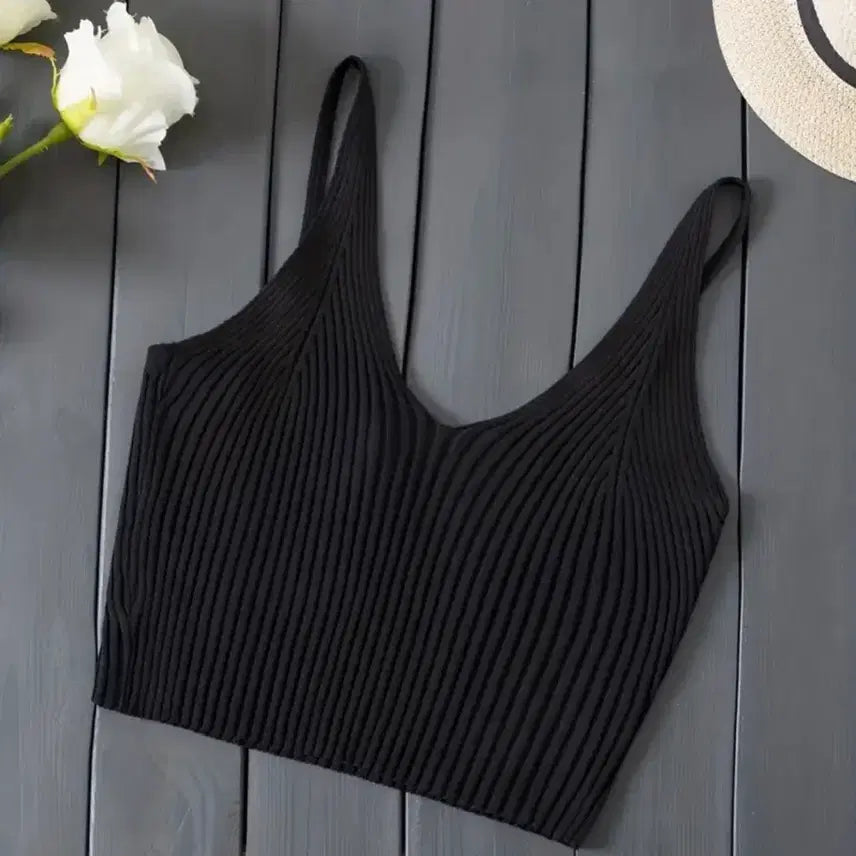 [BUNJANG] Black V-Neck Ribbed Crop Tank Top Size 44 / 블랙 브이넥 골지 크롭 나시.  44.