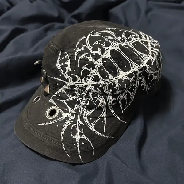 [BUNJANG] Qoobintige Punk Vkei Y2K Tribal Printing Studded Military Cap / 큐빈티지 펑크 vkei y2k 트라이벌 프린팅 스터드 모자