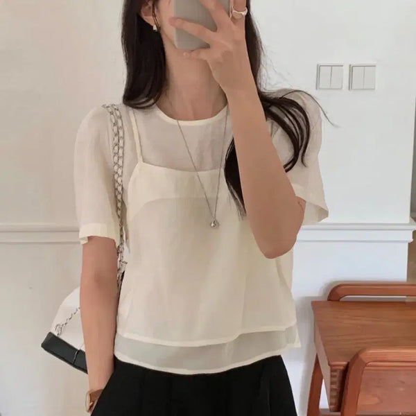 [BUNJANG] Cream Short-Sleeve Blouse / 크림 반팔 블라우스