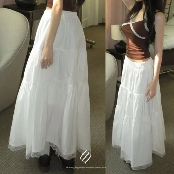 [BUNJANG] Made Meening Fairy Layered Lace Ruffle Banding Long Maxi Skirt / 에이블리 메이드미닝 페어리 캉캉 레이스 프릴 밴딩 롱 맥시스커트