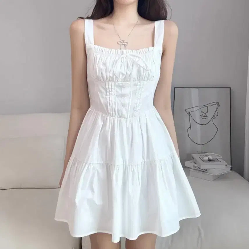 [BUNJANG] Nibbly Ribbed Sleeveless Tiered Mini Dress / 에이블리 니블리 리본 민소매 티어드 미니원피스