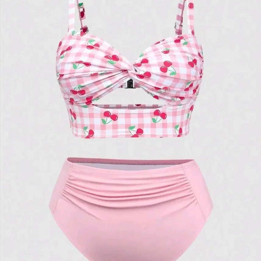 [BUNJANG] Cherry Check Pattern Bikini Pink XL / 체리 체크 패턴 비키니 핑크 88사이즈 XL 새상품