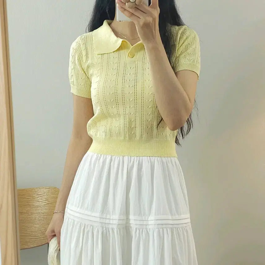 [BUNJANG] Women's Yellow Short-Sleeve Knit Polo Shirt / (F)여성 카라 반팔 니트 옐로우