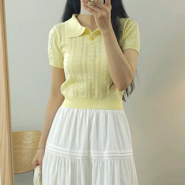 [BUNJANG] Women's Yellow Short-Sleeve Knit Polo Shirt / (F)여성 카라 반팔 니트 옐로우