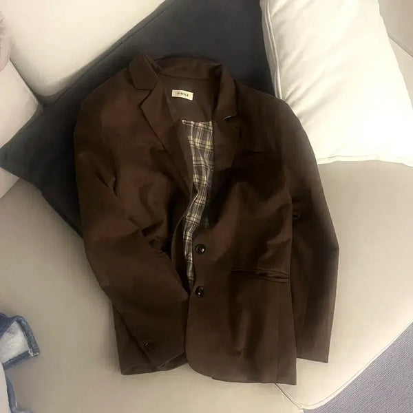 [BUNJANG] Bin Blue Suede Check Color Block Suede Jacket Brown / 빈블 스웨이드 체크 배색 스웨이드 자켓 브라운 정장