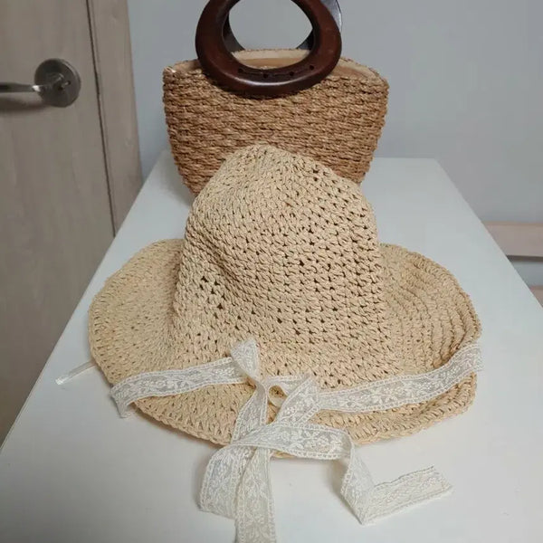 [BUNJANG] Handmade Natural Material Tote Bag and Hat Set with Wooden Handle / 새상품 나무핸들 핸드메이드 천연소재 토드백과 모자 새상품