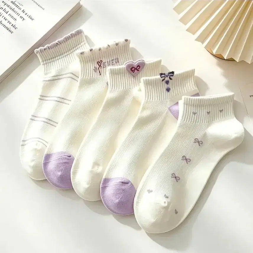 [BUNJANG] Women's Ankle Socks 5-Pair Set with Ribbon and Heart Designs / 여성 발목 양말 5켤레 세트