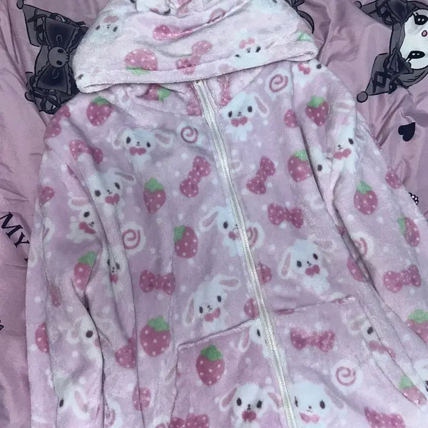 [BUNJANG] Sugar bunnies Strawberry Milk Pink Rabbit Fur Hoodie Pajamas / 슈가바니즈 지뢰계 딸기우유 핑크 토끼 털 후드 잠옷