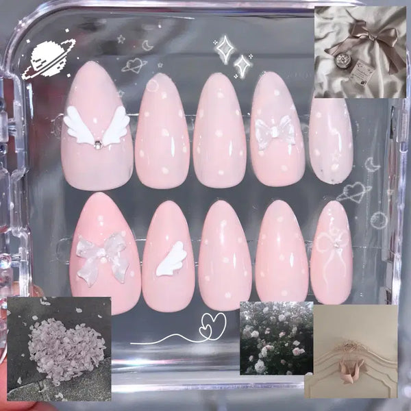 [BUNJANG] Pink Dot Angel Ribbon Nail Tips / 핑크 도트 천사 리본 네일팁