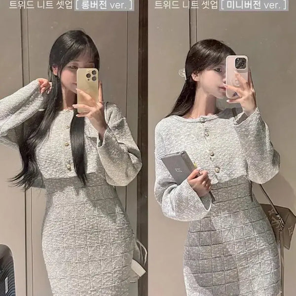 [BUNJANG] Mayyun Tweed Knit Cardigan Mini Dress Long Dress 3-Piece Set White Gray / 메이윤 트위드 니트 가디건 미니원피스 롱원피스 3피스 세트 화이트그레이