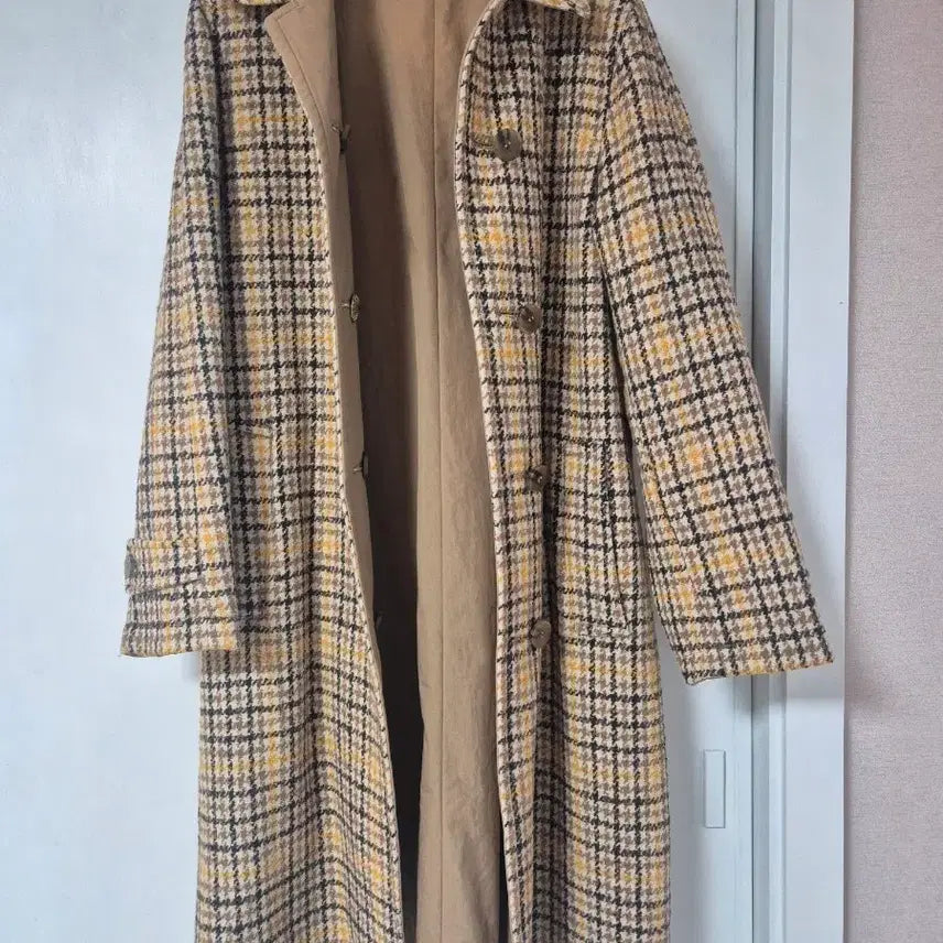 [BUNJANG] Two-Way Style Checkered/Beige Long Women's Coat / (무료배송)2가지 스타일 연출 가능한 체크/베이지컬러 롱 여성코트