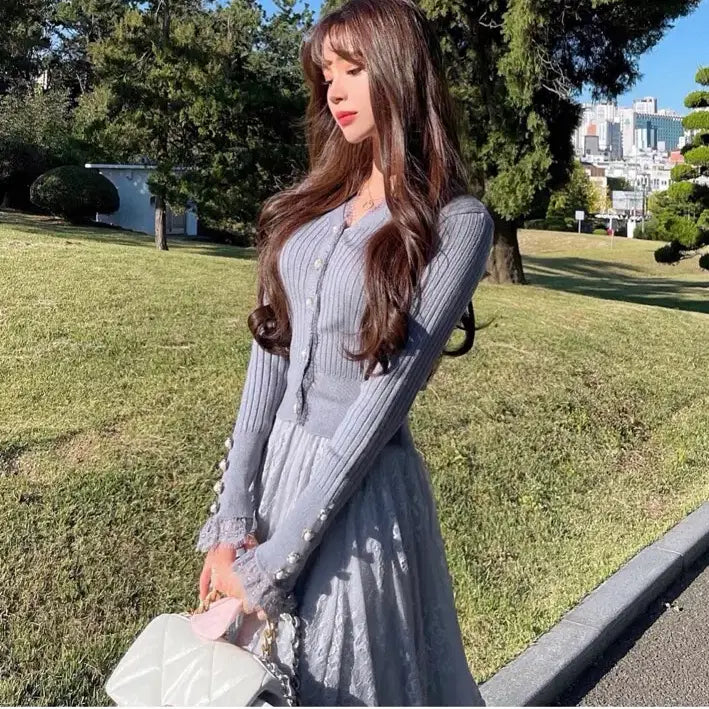 [BUNJANG] Mayyun Knit Lace Cardigan Sora Grey S / 메이윤 니트 레이스 가디건 소라그레이 S