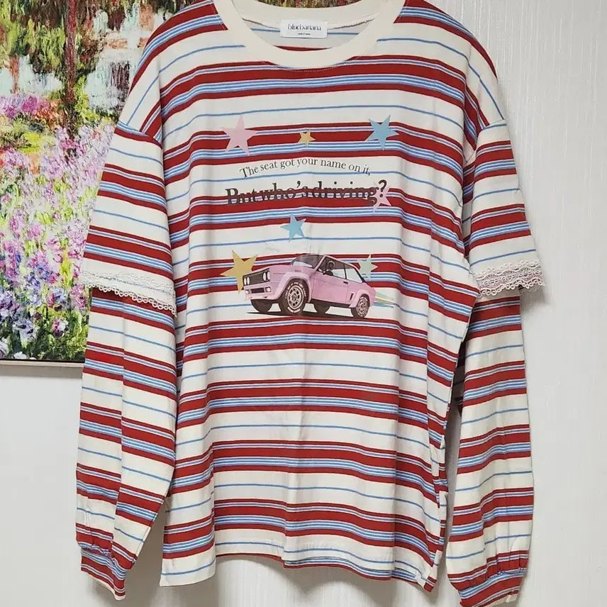 [BUNJANG] Blue Banana Striped Pink Car Sweatshirt / (새상품) 블루바나나 단가라 핑크카 맨투맨