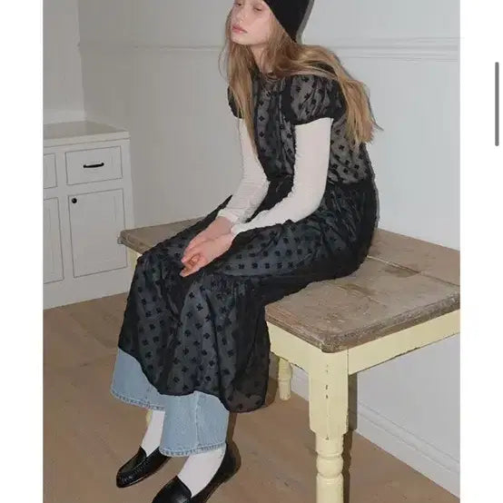 [BUNJANG] Sheer Puff Sleeve Dress / (1회착용) 어몽 도트롱원피스 sheer puff sleeve dress