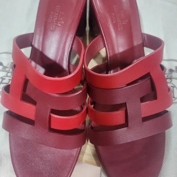 [BUNJANG] Hermès Burgundy H Logo Leather Slides 39 (250-255mm) / 급처 에르메스 샌들 슬리퍼 정품 39 250-255