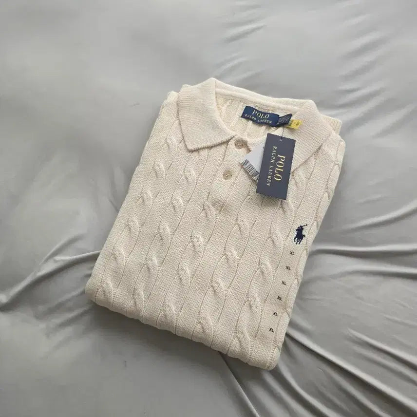 [BUNJANG] Polo Ralph Lauren Cable Knit Short Sleeve Polo Shirt Cream XL / 폴로 랄프로렌 케이블 카라티 반팔 니트 티셔츠 크림 색상 XL