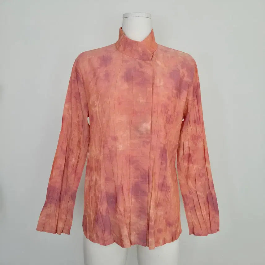 [BUNJANG] Hiroko Bis Pleated Watercolor High-Neck Blouse / HIROKO BIS 플리츠 워터컬러 핑크 하이넥 셔츠 블라우스