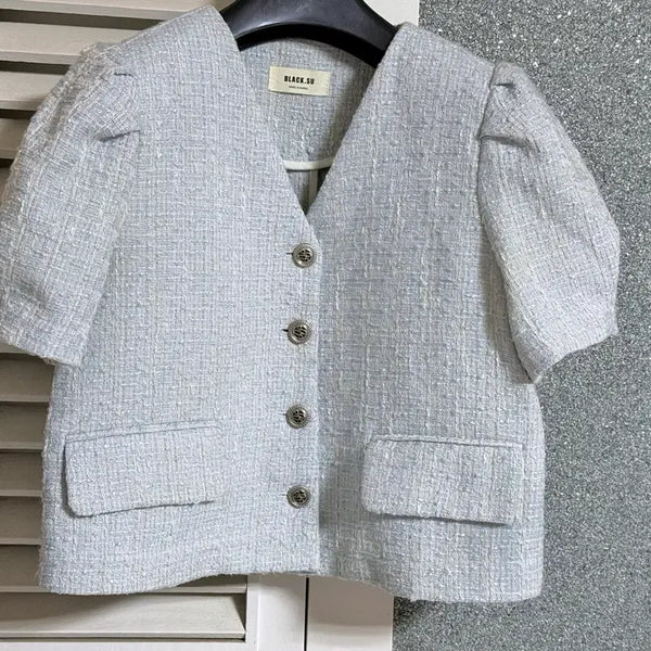 [BUNJANG] Sky Blue Tweed Puff Short Sleeve Jacket / 하늘색 트위드 퍼프 반팔 자켓