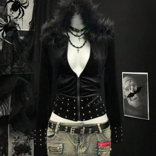 [BUNJANG] Fur Hooded Zip-Up Y2K Gyaru Style / 퍼 후드집업 y2k 갸루