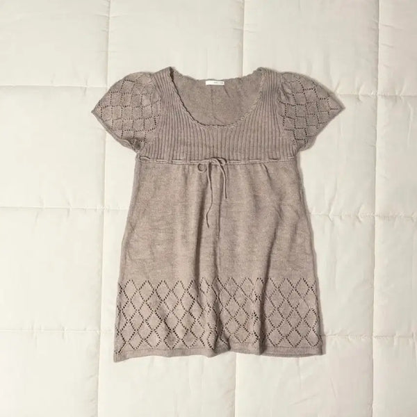 [BUNJANG] Hagumi Mori Girl Ribbon Punching Short Sleeve Knit / 하구미 모리걸 리본 펀칭 반팔 니트
