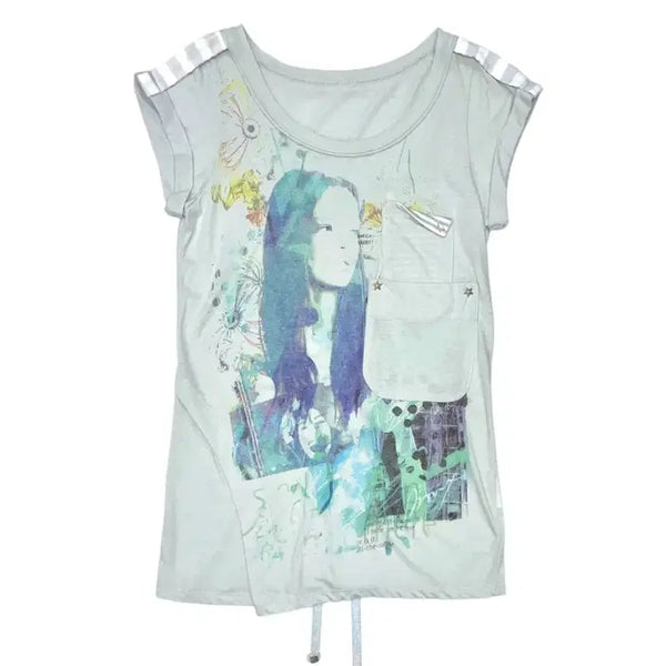 [BUNJANG] Vintage Pale Mint Graphic Pocket Short Sleeve T-Shirt Top / 빈티지 페일 민트 그래픽 포켓 반팔 티셔츠 탑