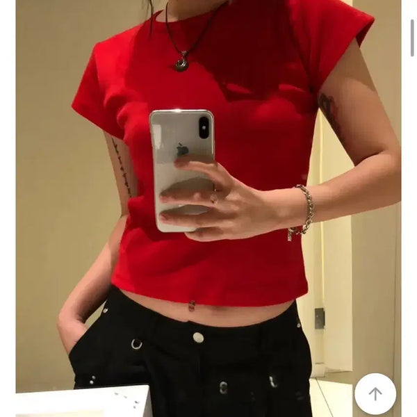 [BUNJANG] MIMONG Round Slim Basic Short Sleeve T-Shirt (Red) / 미몽_팔뚝 커버 라운드 슬림 베이직 반팔(red)