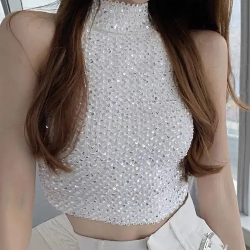 [BUNJANG] White Sequin High Neck Crop Top M / 화이트 스팽글 하이넥 크롭탑 M 무대의상 댄서 가수 태연 invu