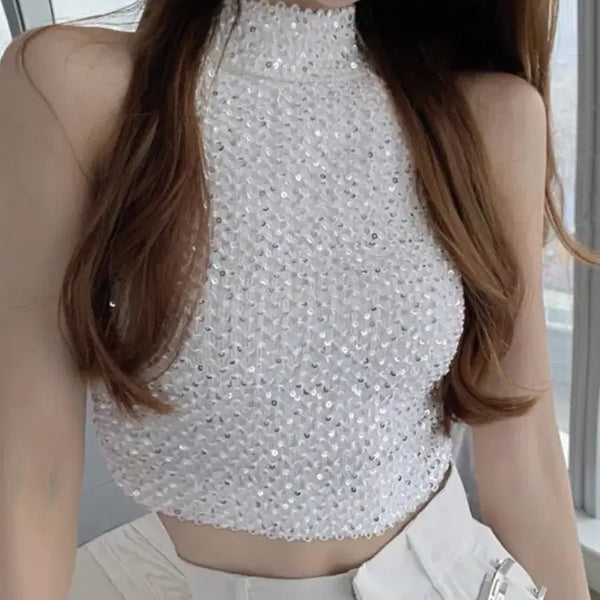 [BUNJANG] White Sequin High Neck Crop Top M / 화이트 스팽글 하이넥 크롭탑 M 무대의상 댄서 가수 태연 invu